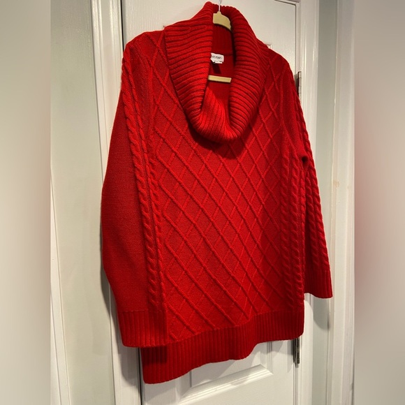 Calvin Klein Size L Red Lattice Long Sleeve Cowl Neck Pullover Tunic Sweater - Picture 3 of 11